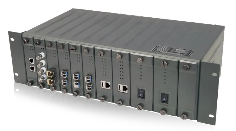 Rack-mounted channel unit with labelled interface ports
