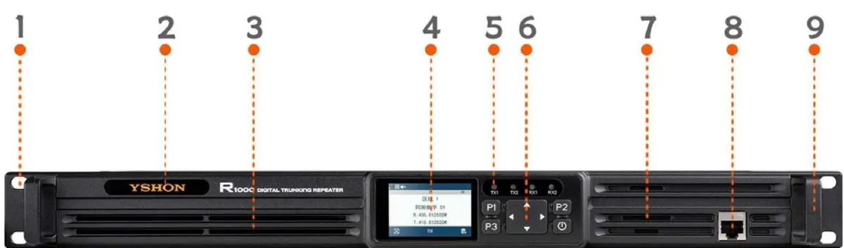 R2000 1U repeater front panel with display and controls